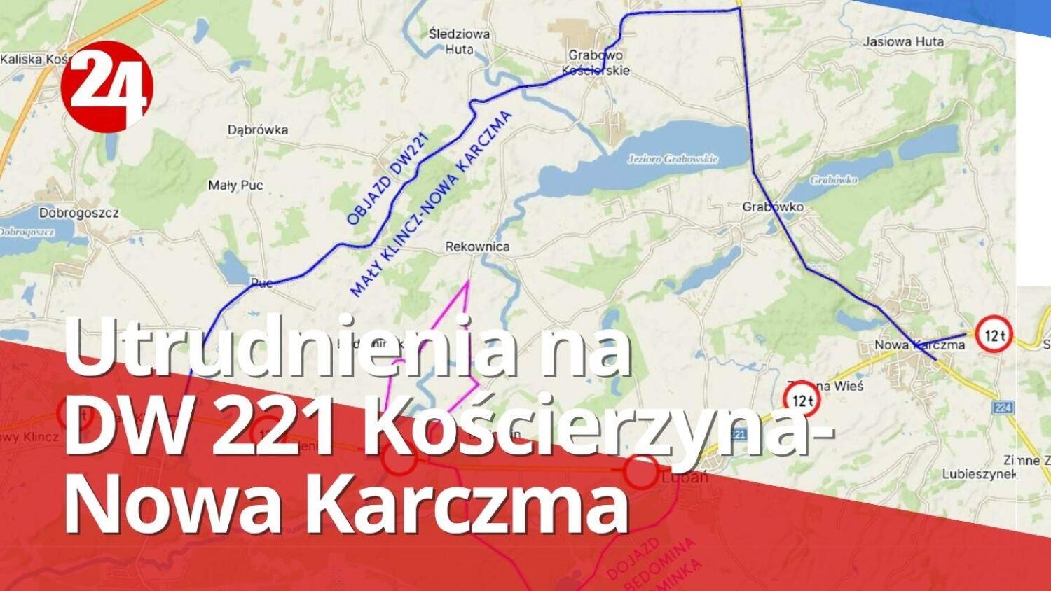 Utrudnienia na DW 221 Kościerzyna-Nowa Karczma