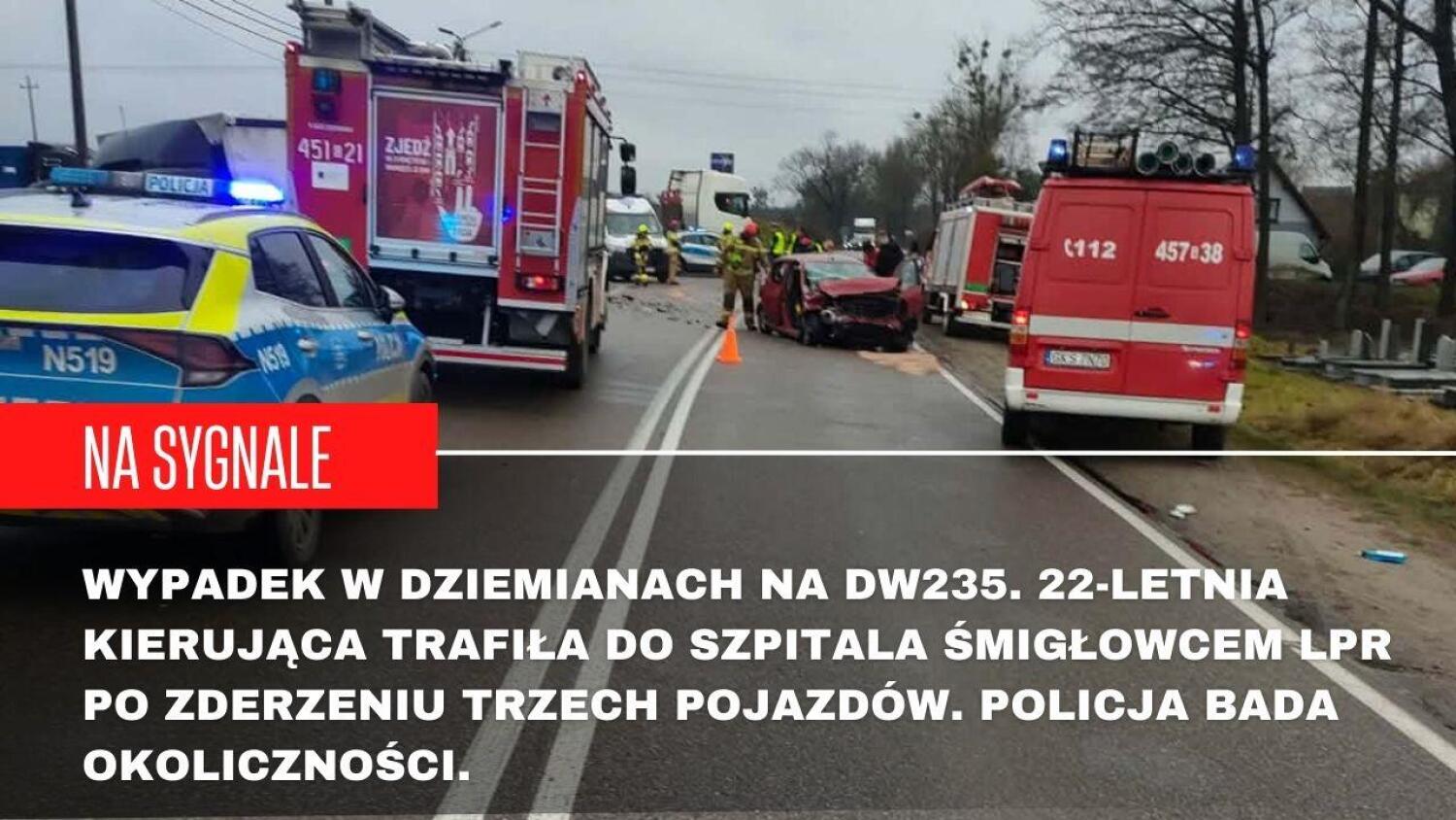 Zderzenie trzech pojazdów na DW235. Poważnie ranna młoda kierująca